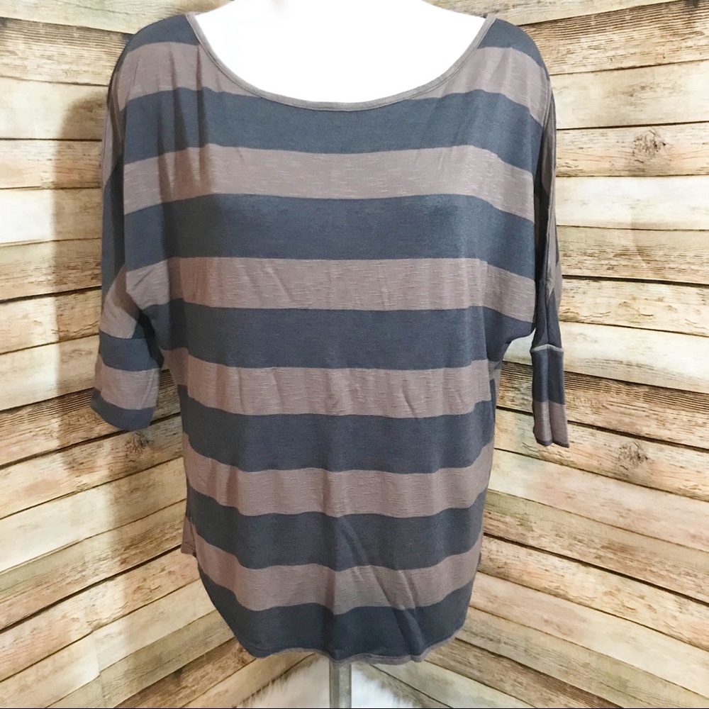 Ms. Bella D brown and gray striped shirt
